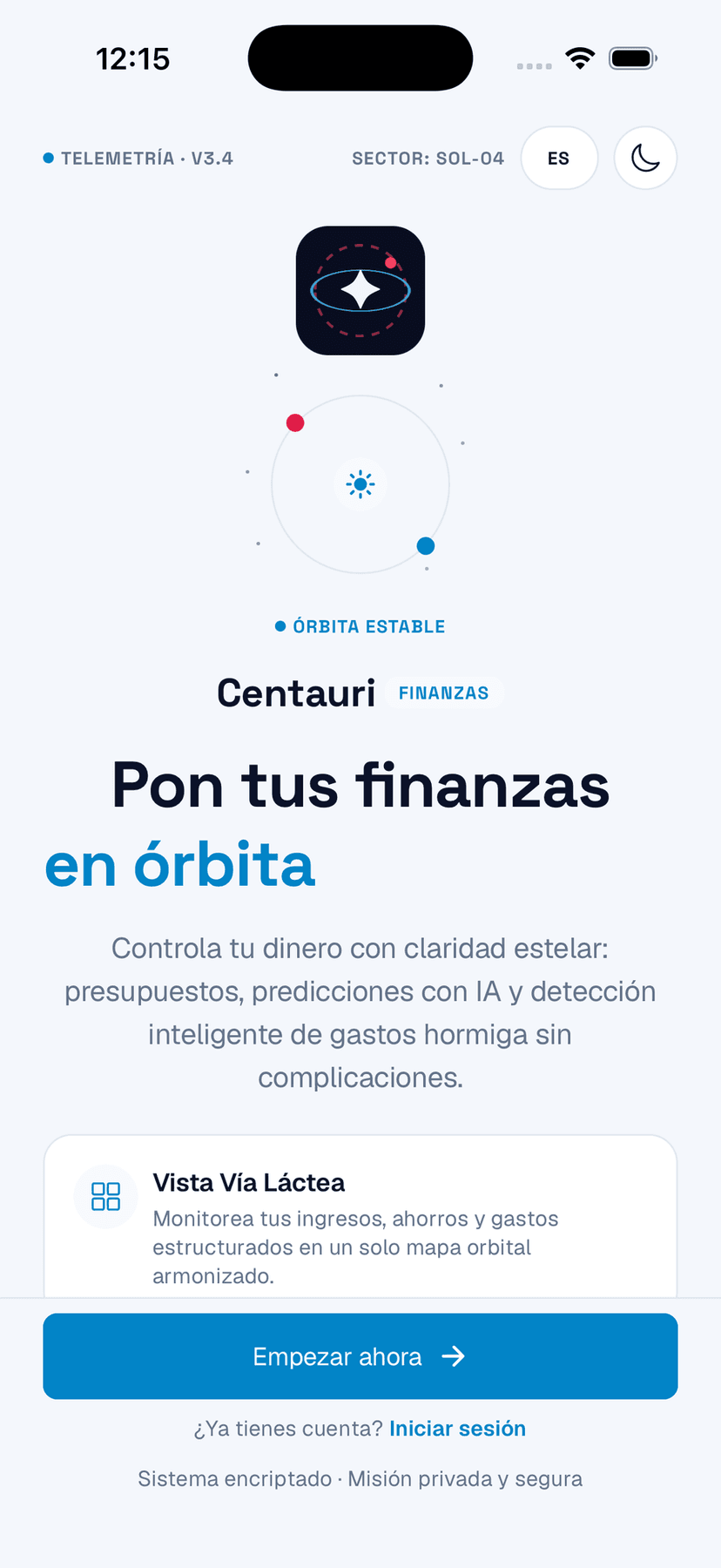 Centauri welcome screen, light mode