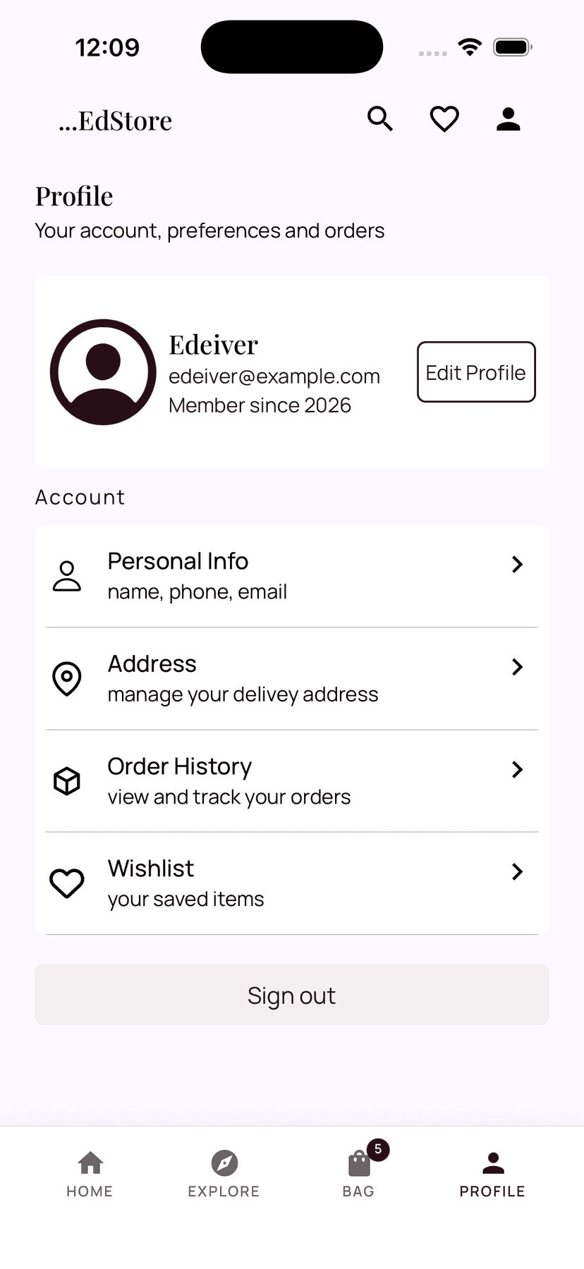 edStore profile screen