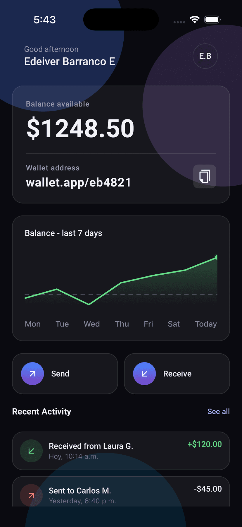 Wallet home screen