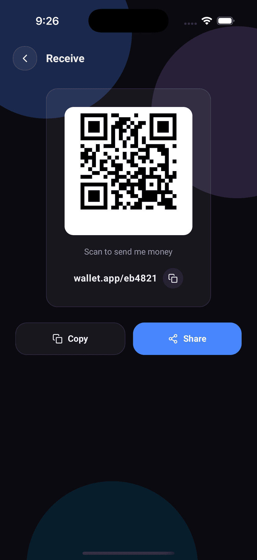 Wallet receive money screen