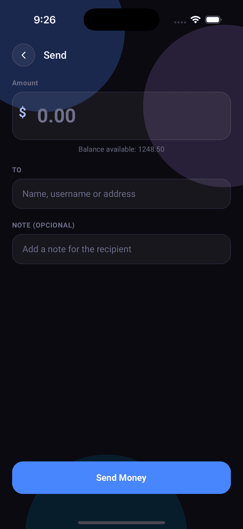 Wallet send money screen